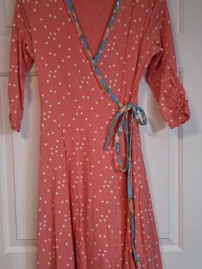 Wildflowers Coral Pink Polka Dot Wrap Midi Dress Casual Size Small